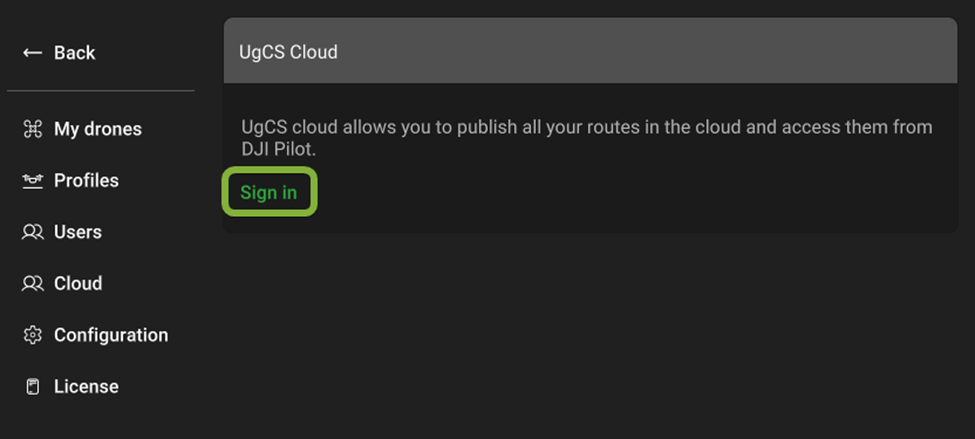 How to Connect to UgCS Cloud - Select Sign In or Sign Up.